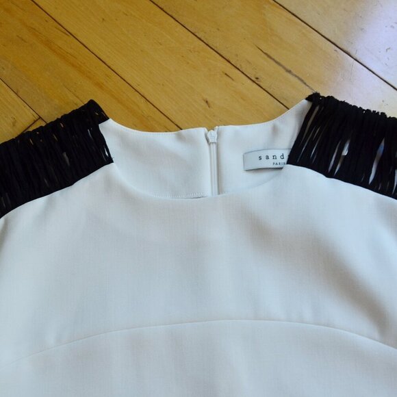 Sandro $275 White Black Fringe Sleeve Top Size 2 US S/M - Picture 3 of 14